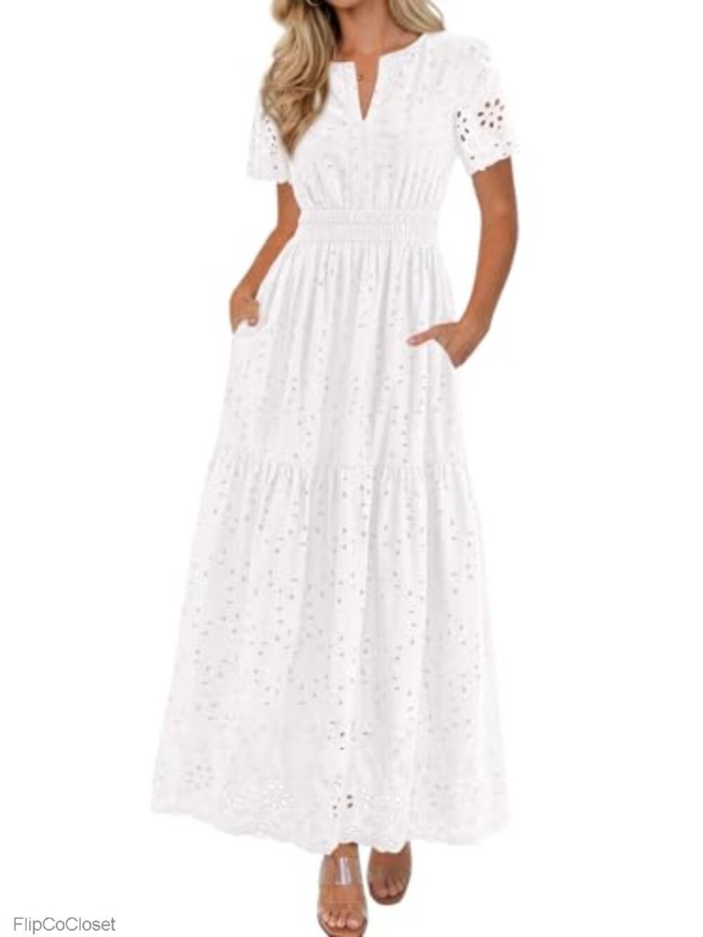 Cotton Smocked Waist Maxi Dress V Neck Short Sleeve A-Line with Pockets